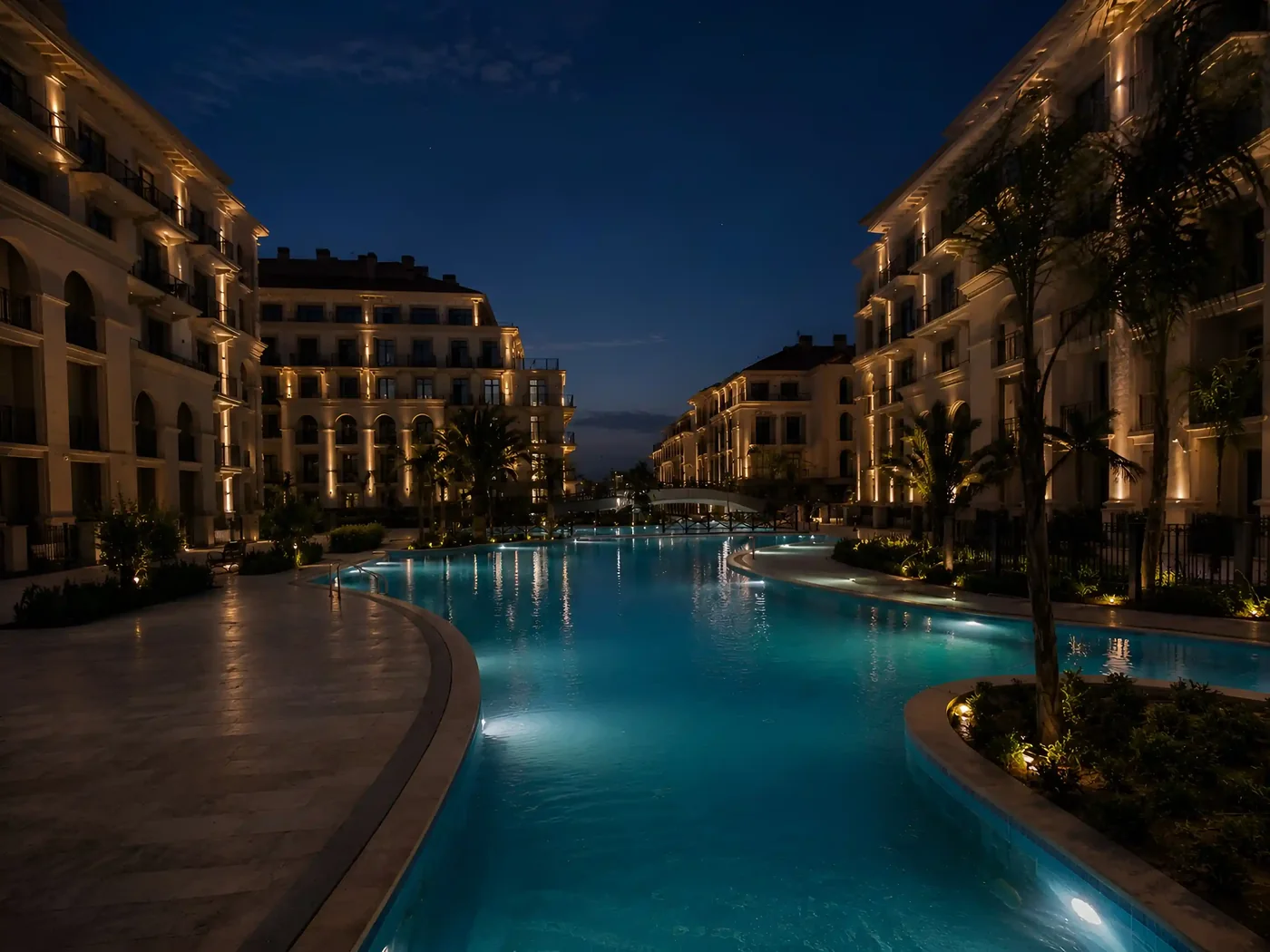 Ночь в Marina Village: бассейн, пальмы и подсвеченные фасады