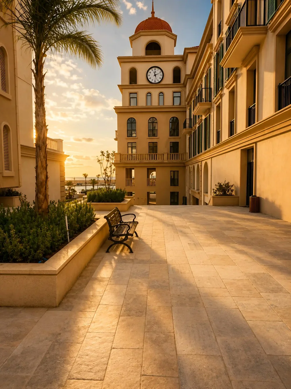 Qürub işığında Marina Village-in saatlı qülləsi